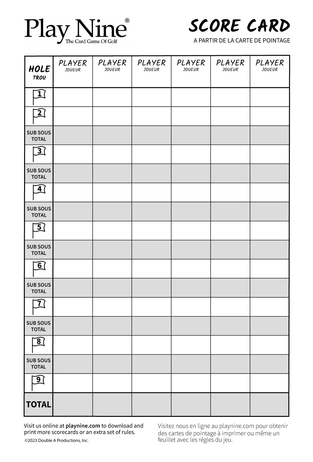 Printable Golf Card Game Score Sheet