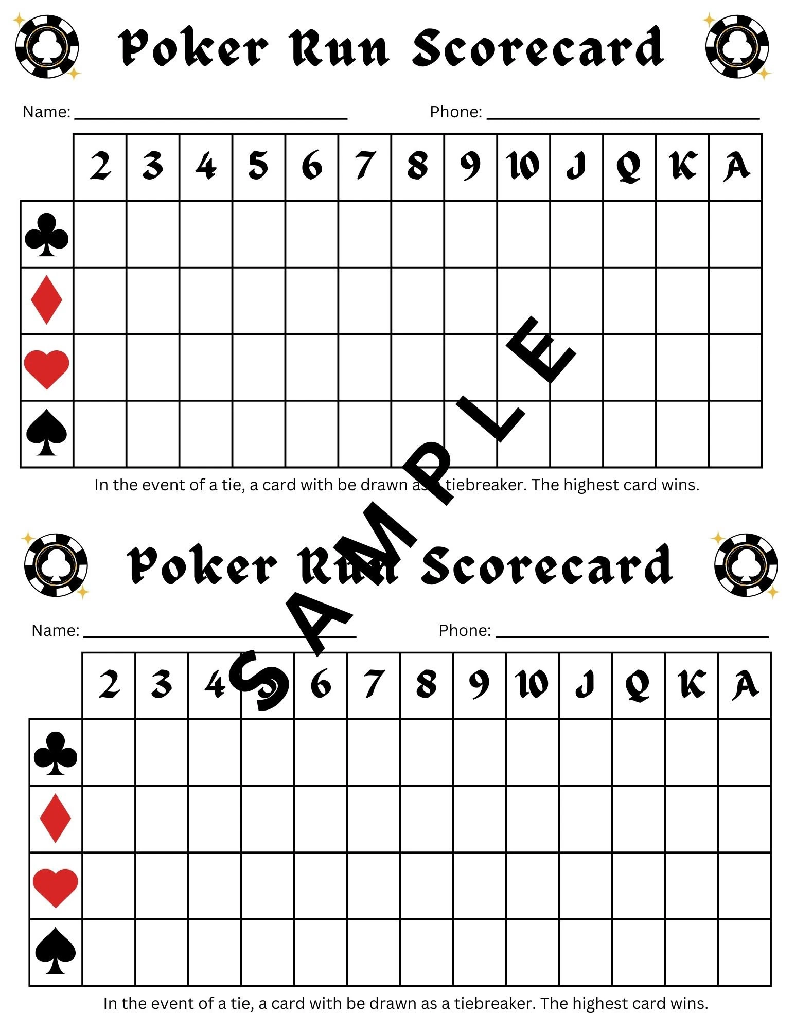 Printable Poker Run Score Sheets