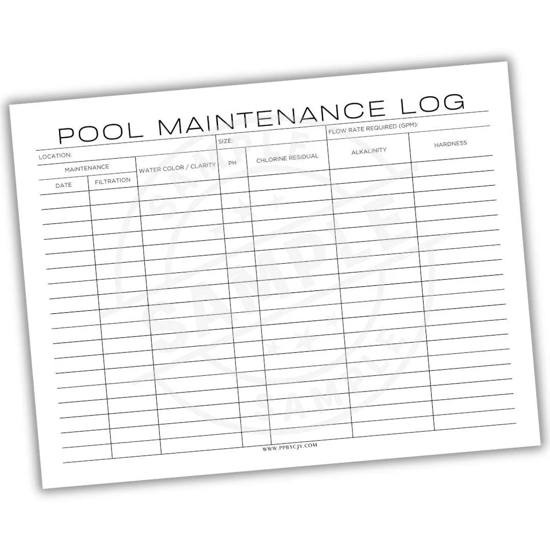 Printable Swimming Pool Maintenance Log Sheet