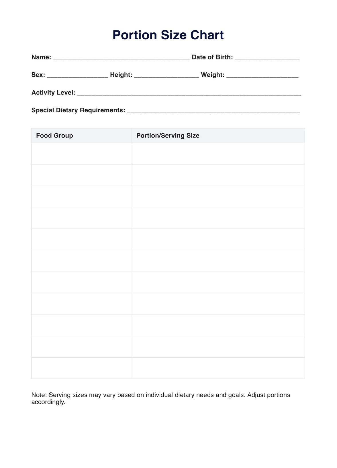 Portion Size Chart U0026 Example Free PDF Download