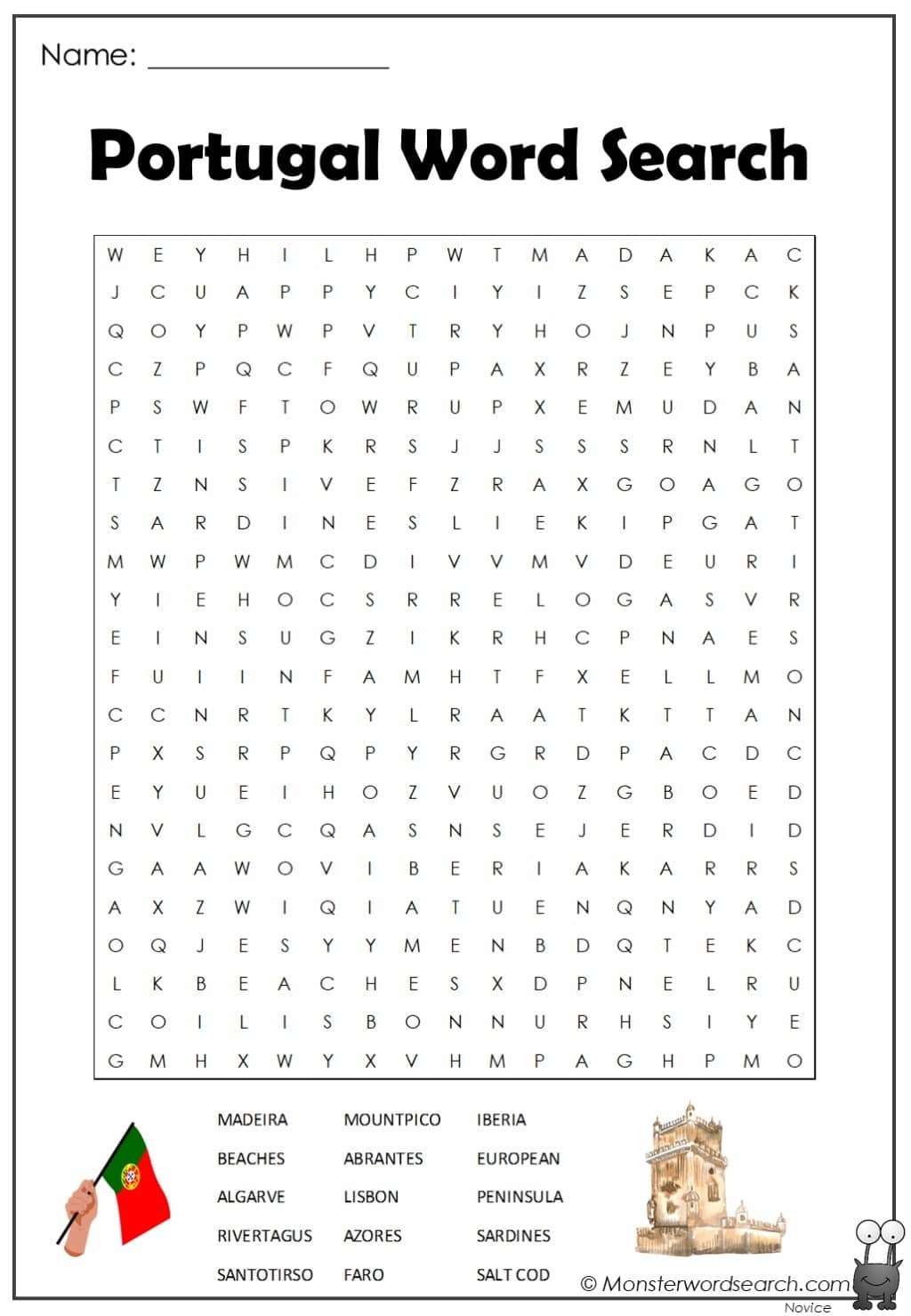 Portugal Word Search Monster Word Search