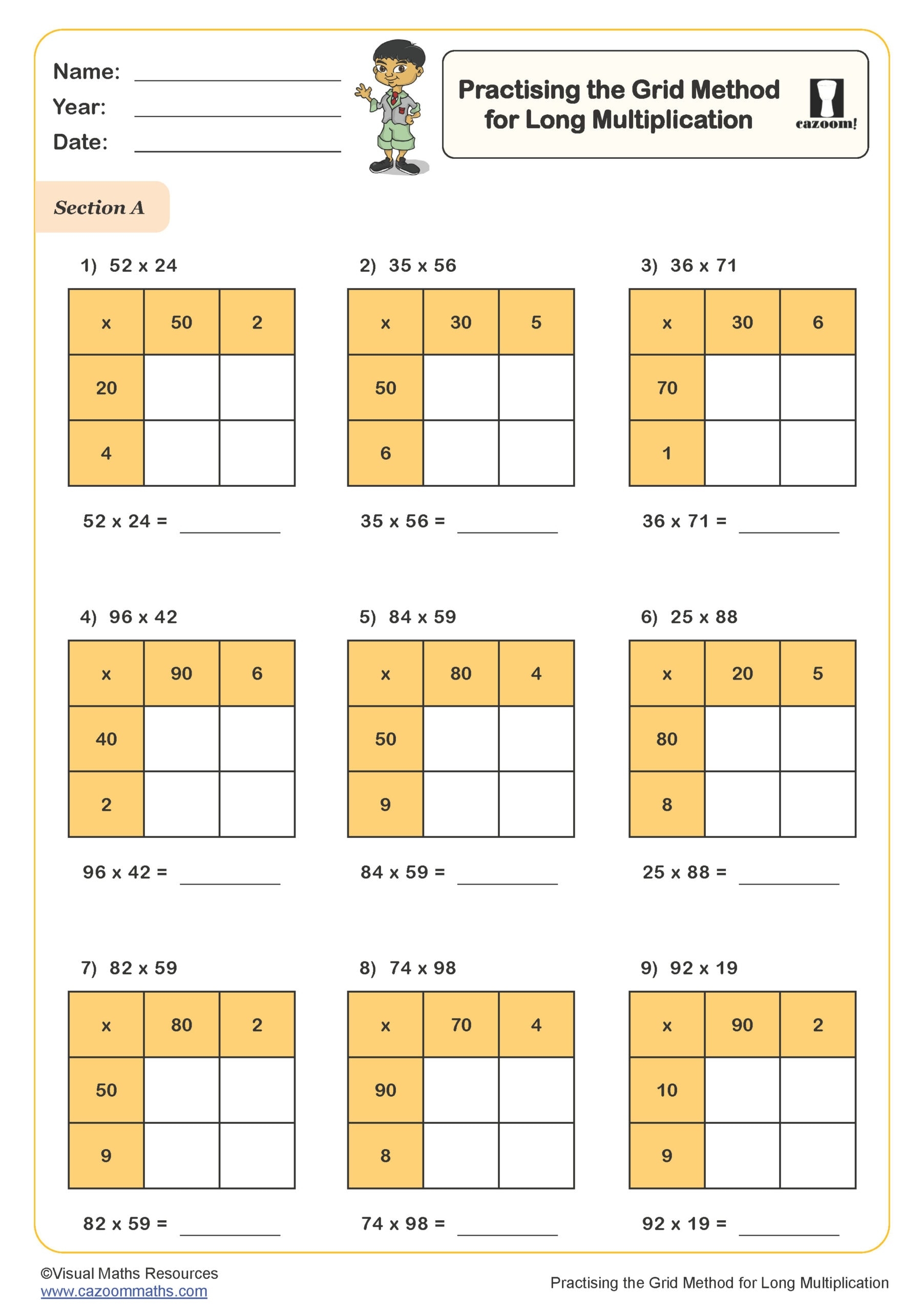 Practising The Grid Method For Long Multiplication Worksheet Fun And Engaging Year 6 PDF Worksheets Practising The Grid Method For Long Multiplication Worksheet Fun And Engaging Year 6 PDF Worksheets
