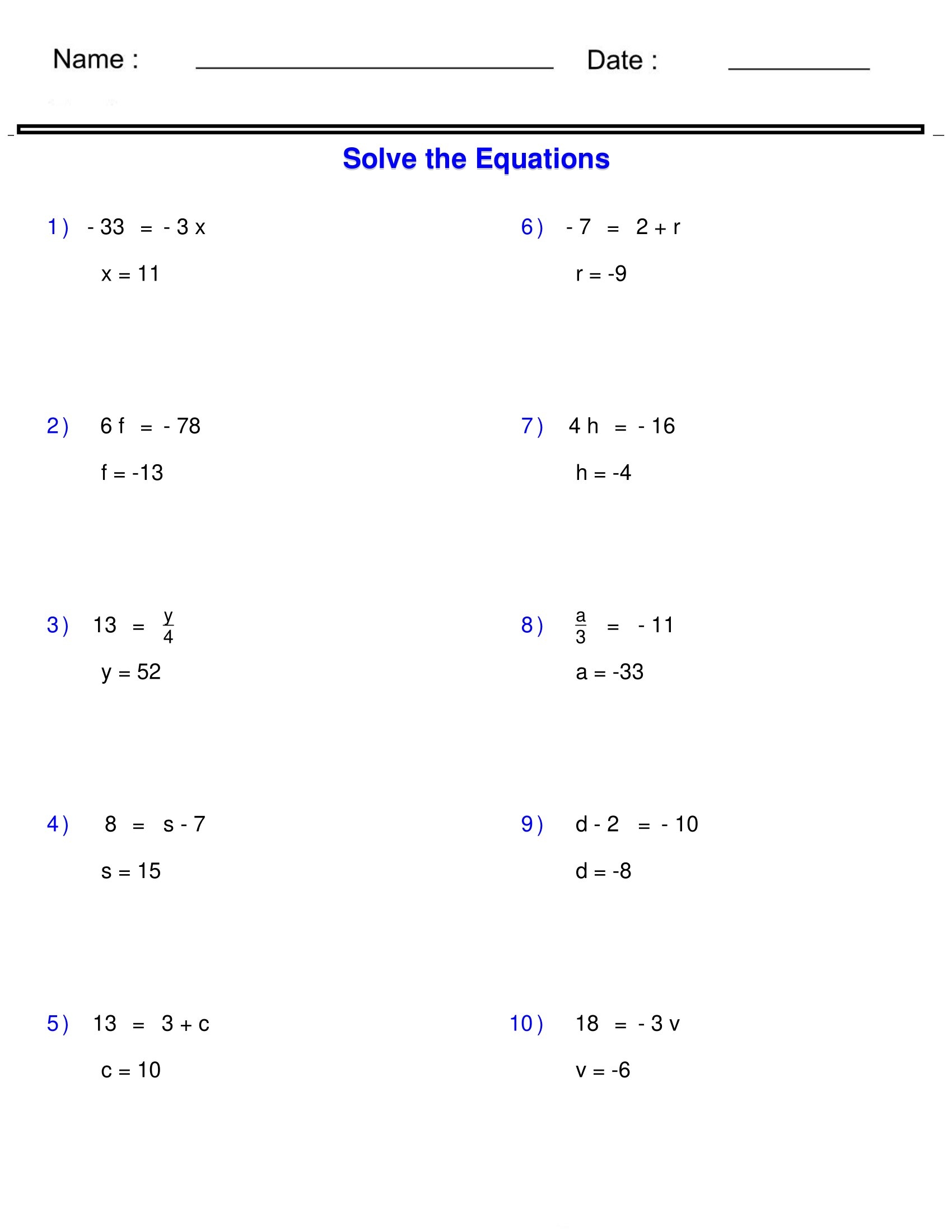 Pre Algebra Equations One Step Equations Containing Integers Worksheets Made By Teachers