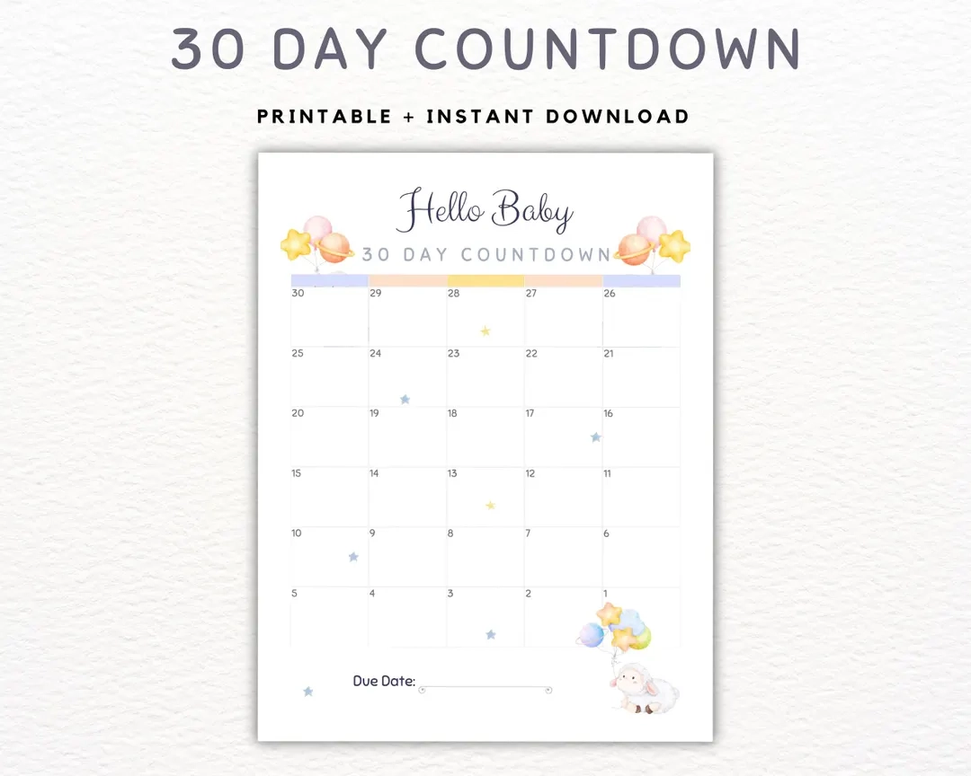 Pregnancy Countdown Calendar 30 Days To Baby printable PDF Etsy