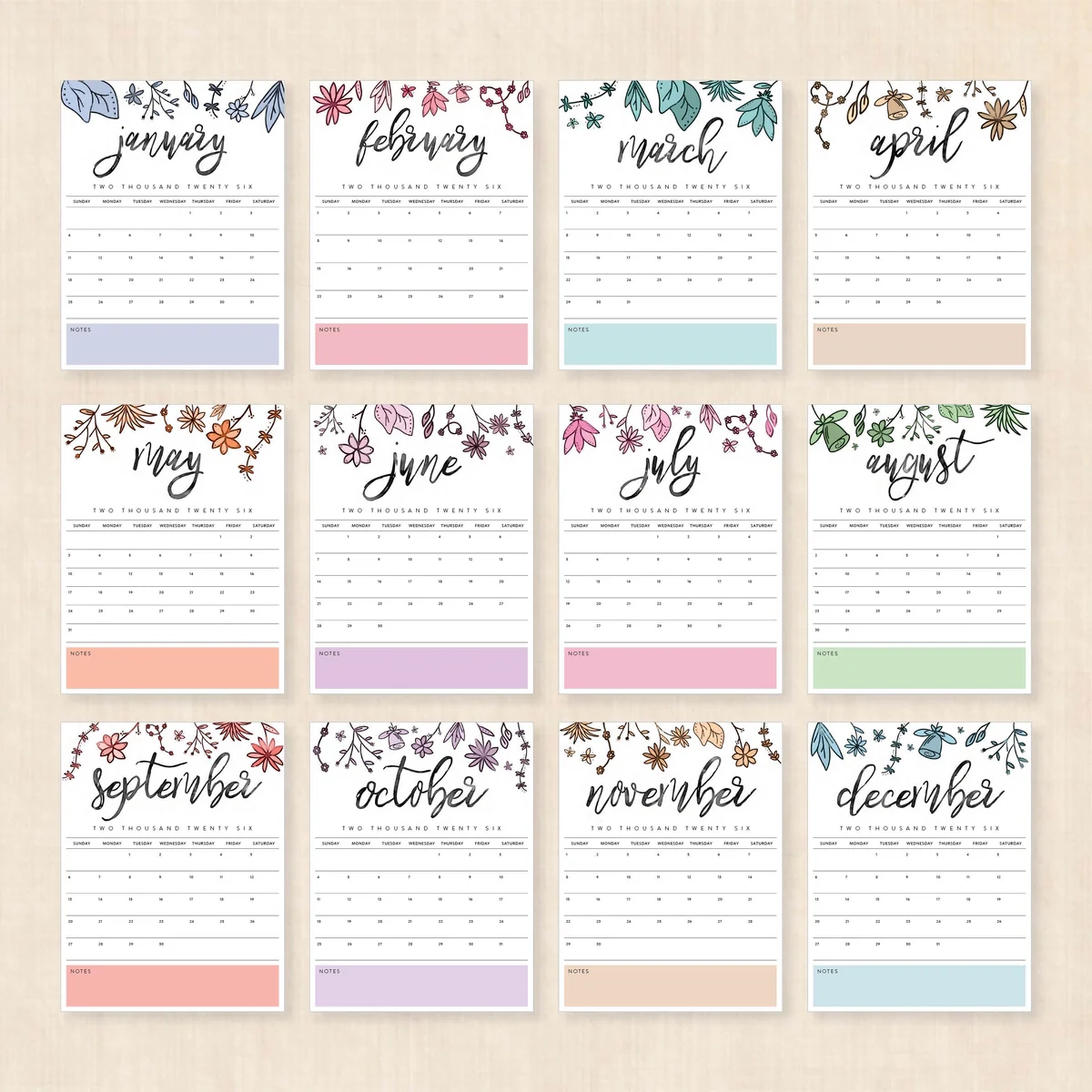 2026 Calendar Horizontal Printable