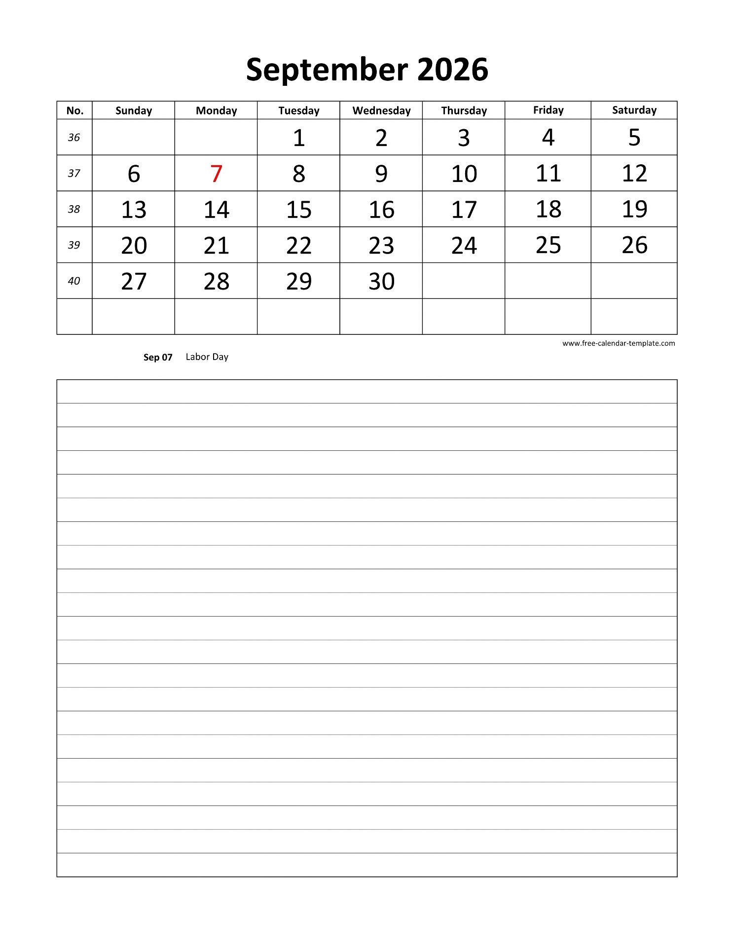 Printable 2026 September Calendar Grid Lines For Daily Notes vertical Free calendar template