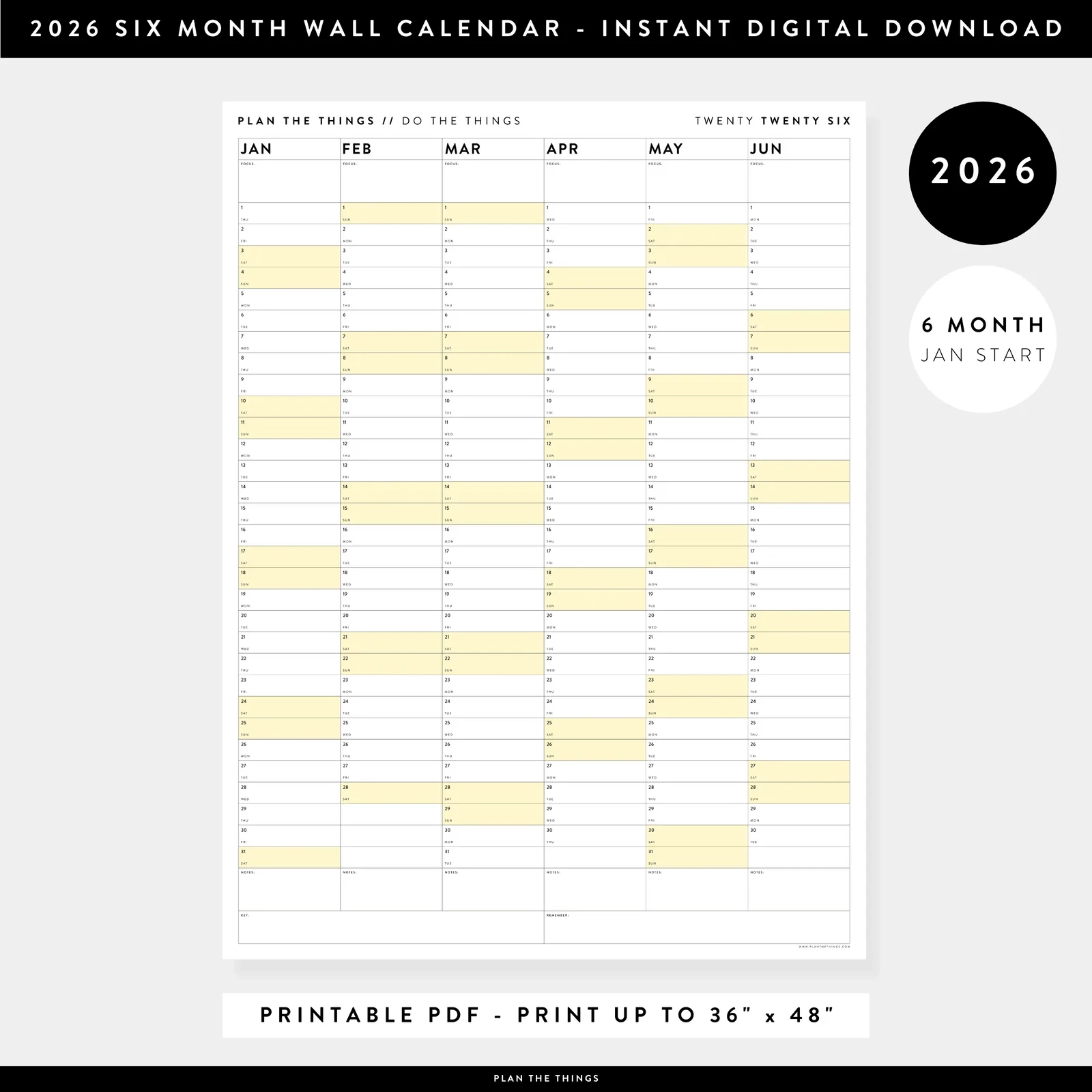 PRINTABLE 2026 SIX MONTH CALENDARS JANUARY JUNE INSTANT DOWNLOA Plan The Things