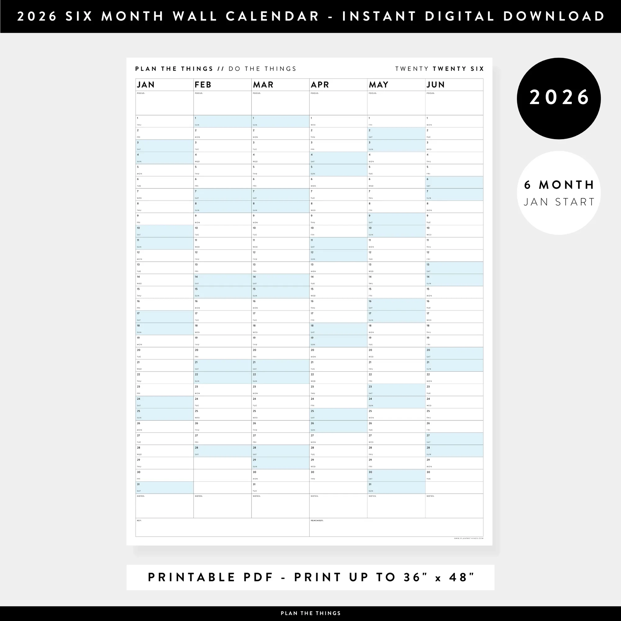 PRINTABLE 2026 SIX MONTH CALENDARS JANUARY JUNE INSTANT DOWNLOA Plan The Things
