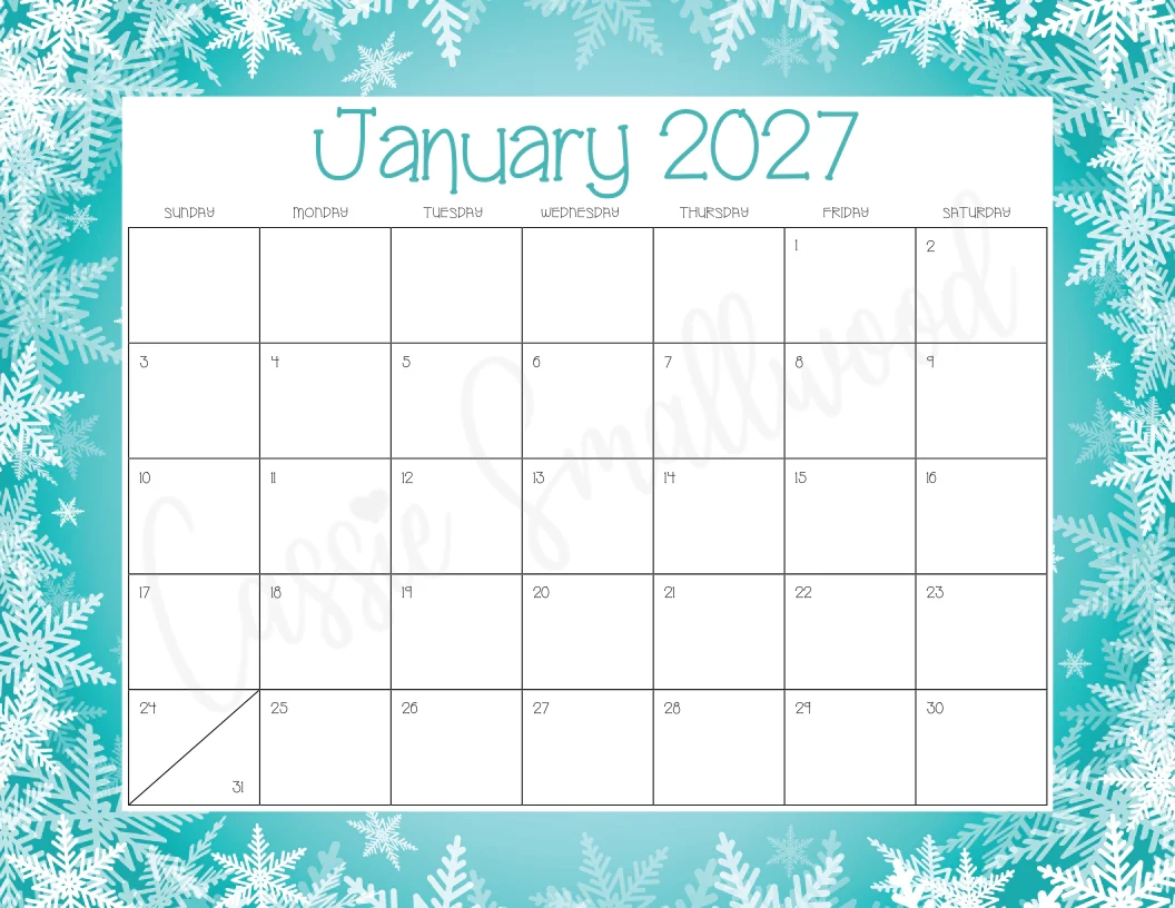 Printable 2027 Monthly Calendar Cassie Smallwood