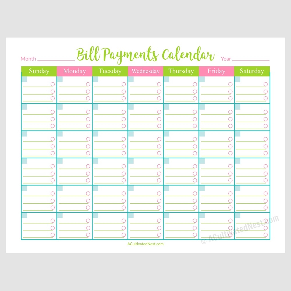 Printable Bill Calendar Pdf