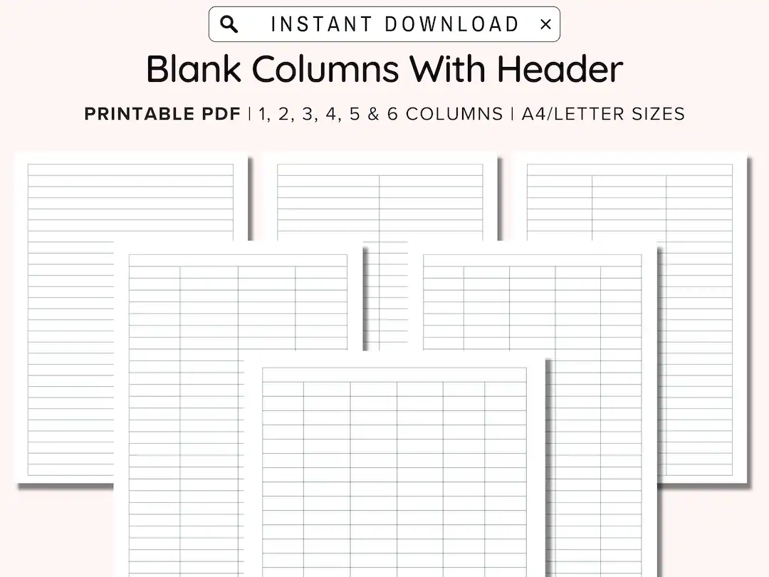 Printable Blank Columns Charts With Header One Two Three Four Five And Six Columns Table Worksheets PDF A4 letter Instant Download Etsy