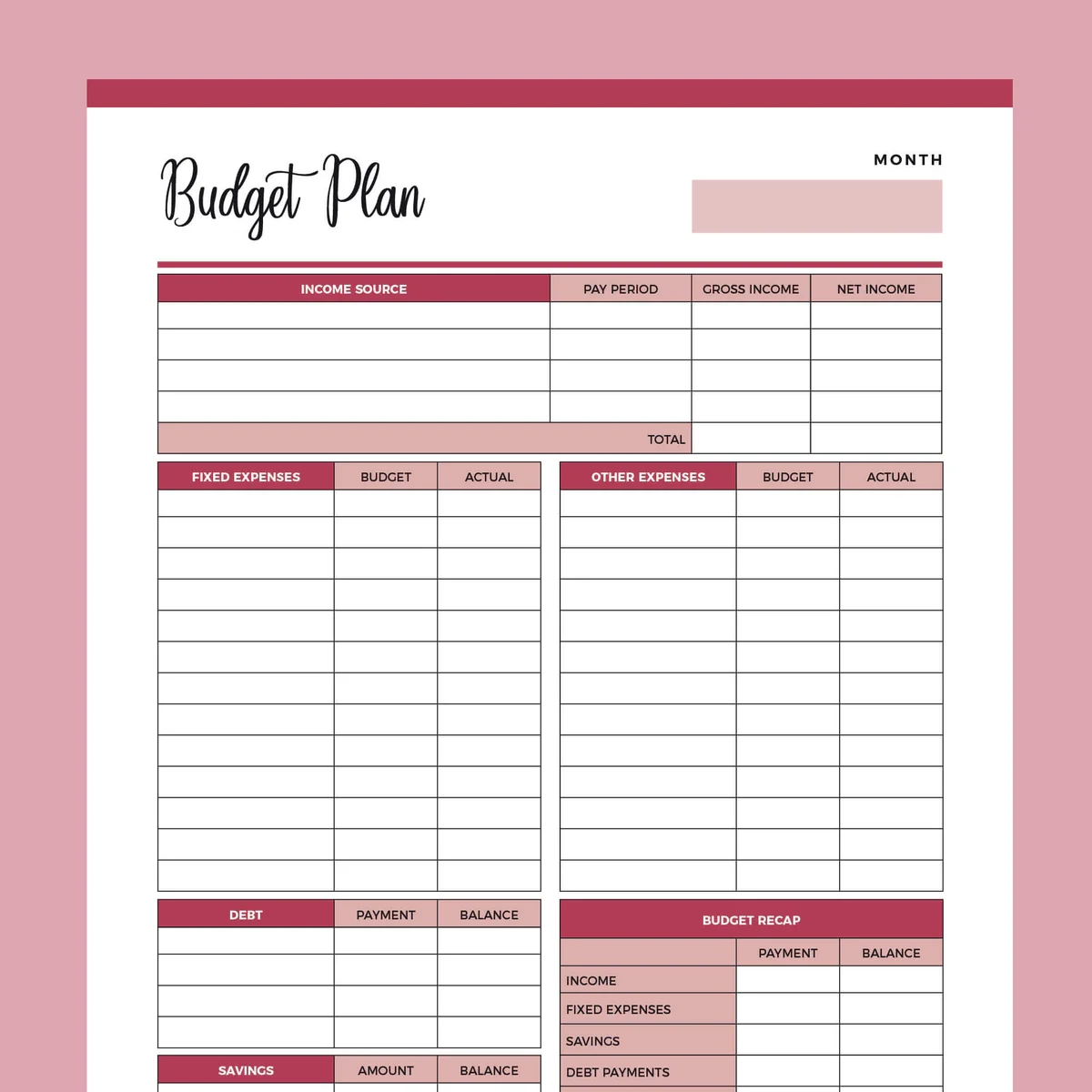 Budget Worksheet Free Printable