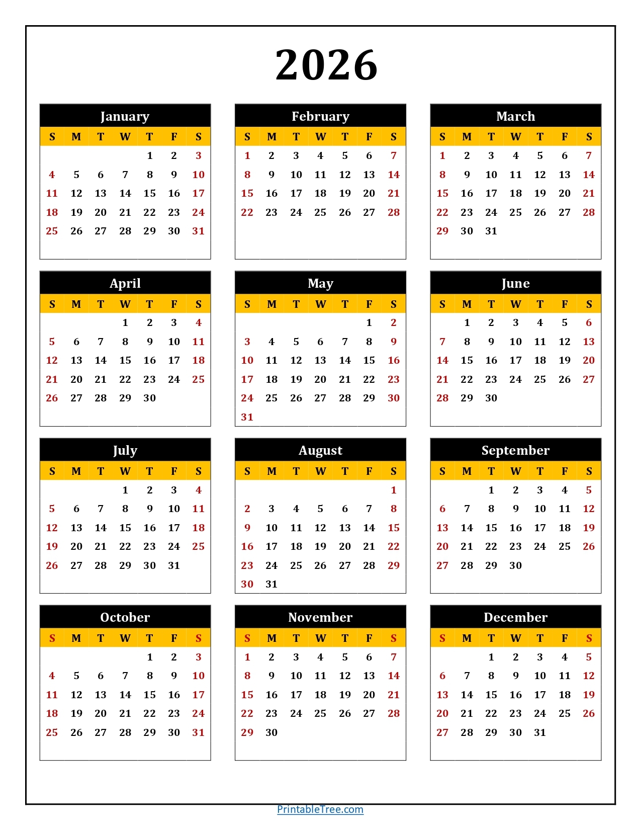 2026 12 Month Printable Calendar