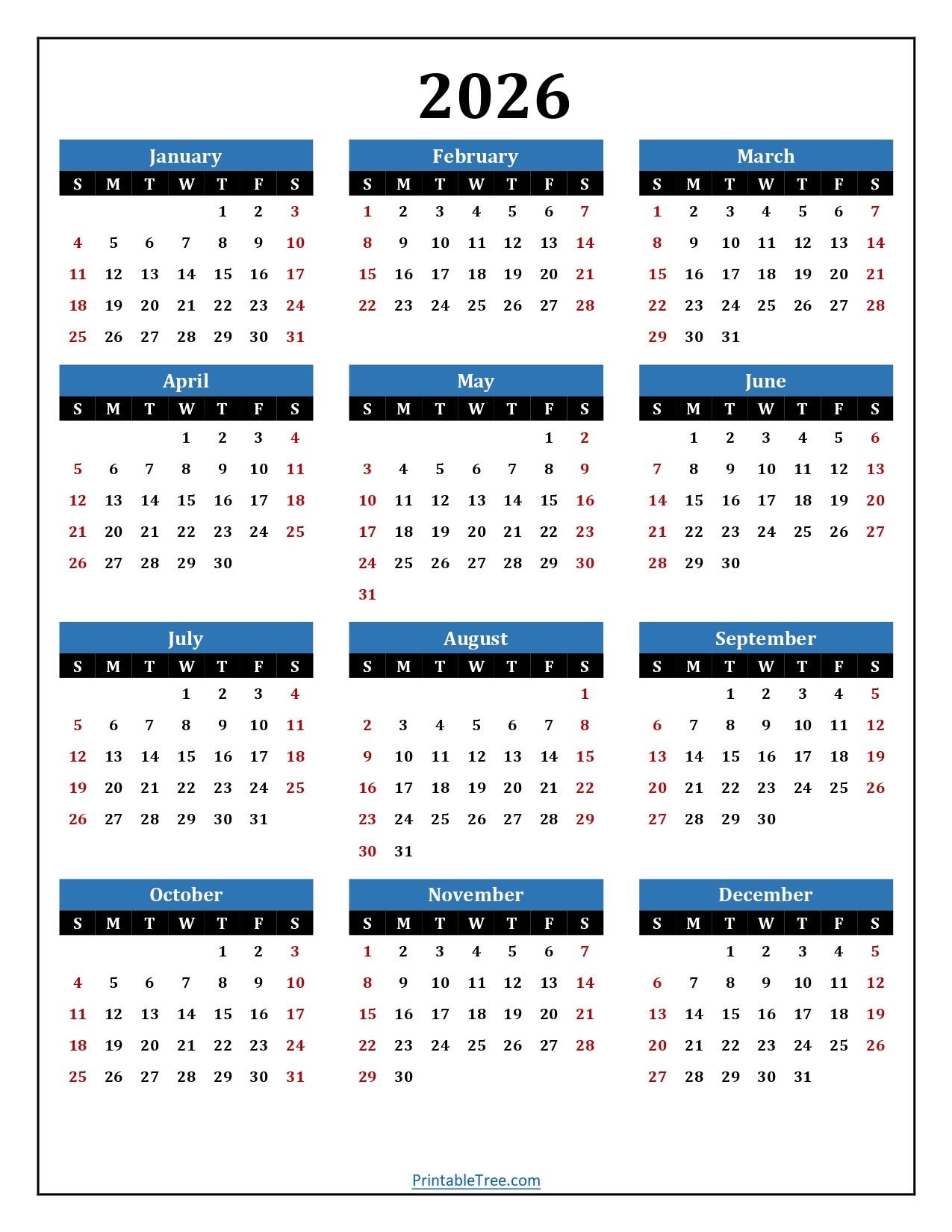 Printable 2026 Calendar Pdf