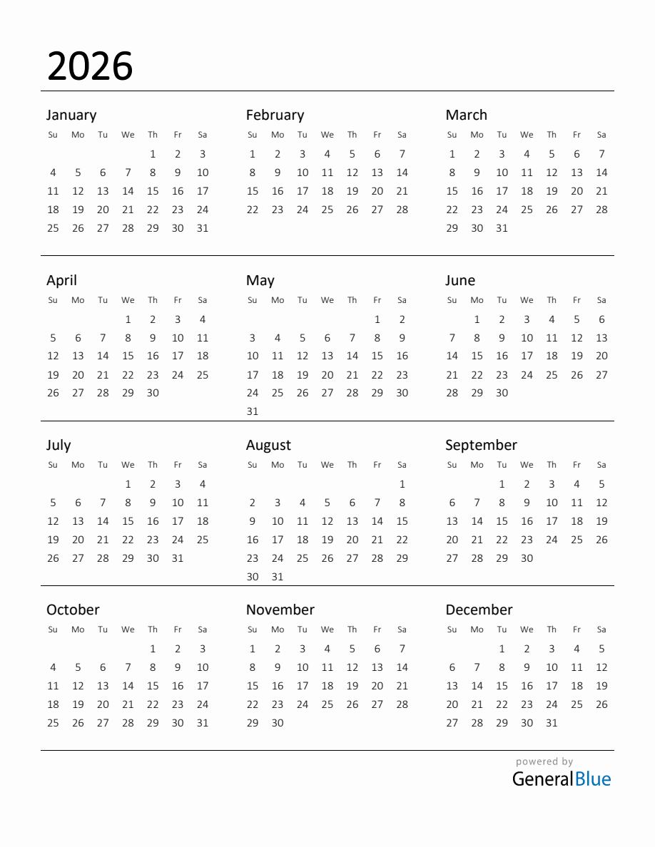 Blank Calendar 2026 Printable Pdf Free