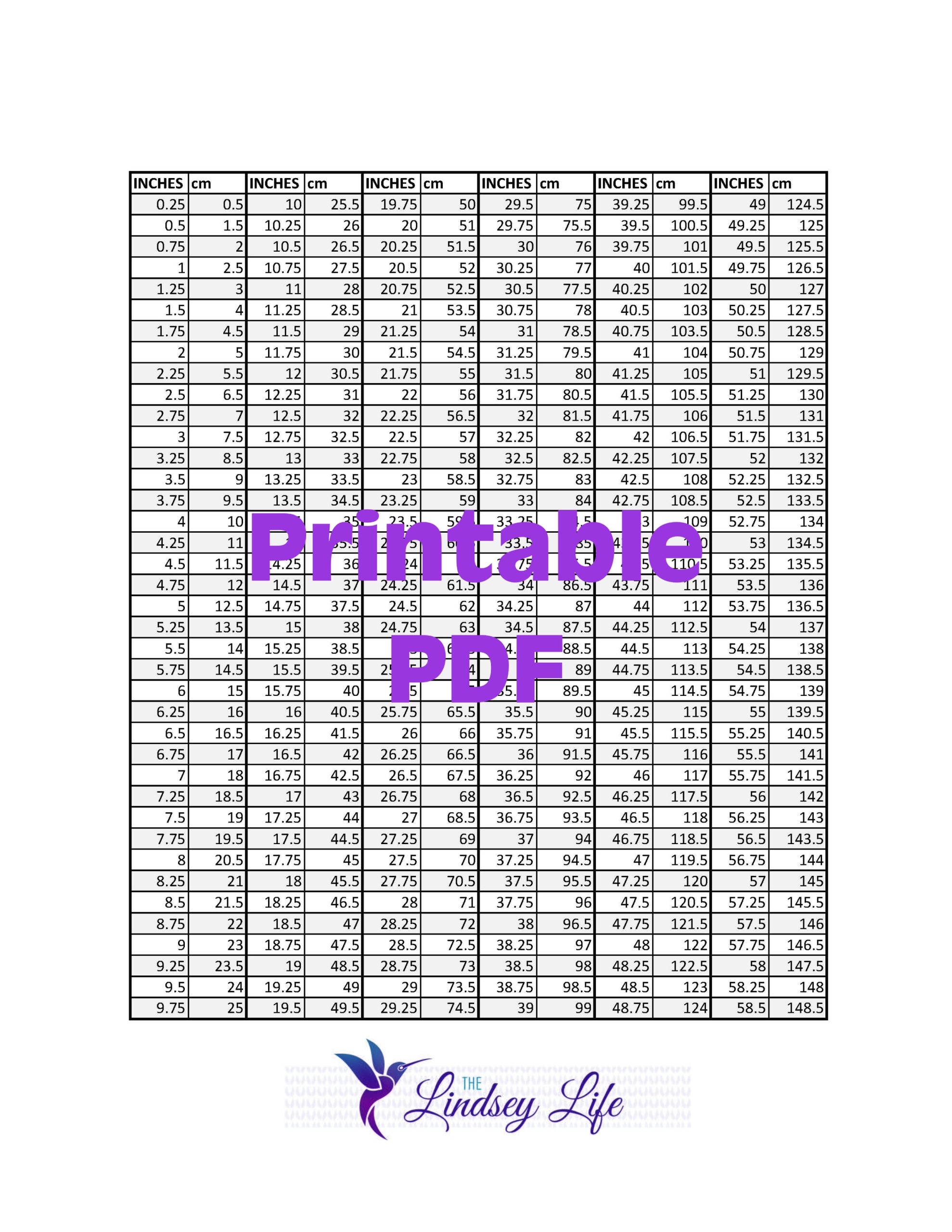 Printable Centimeters To Inches Chart