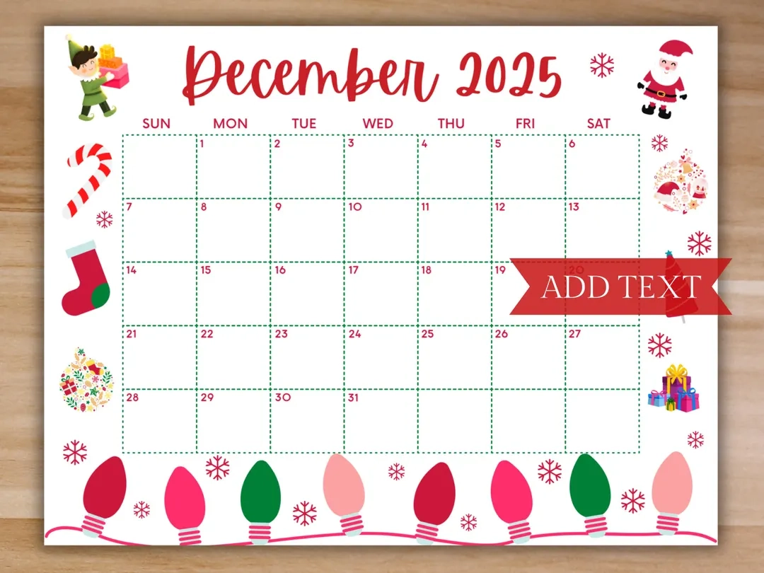 Printable December Calendar 2025 Christmas Calendar Holiday Calendar December 2025 Printable Calendar Family Calendar Printable Digital Etsy