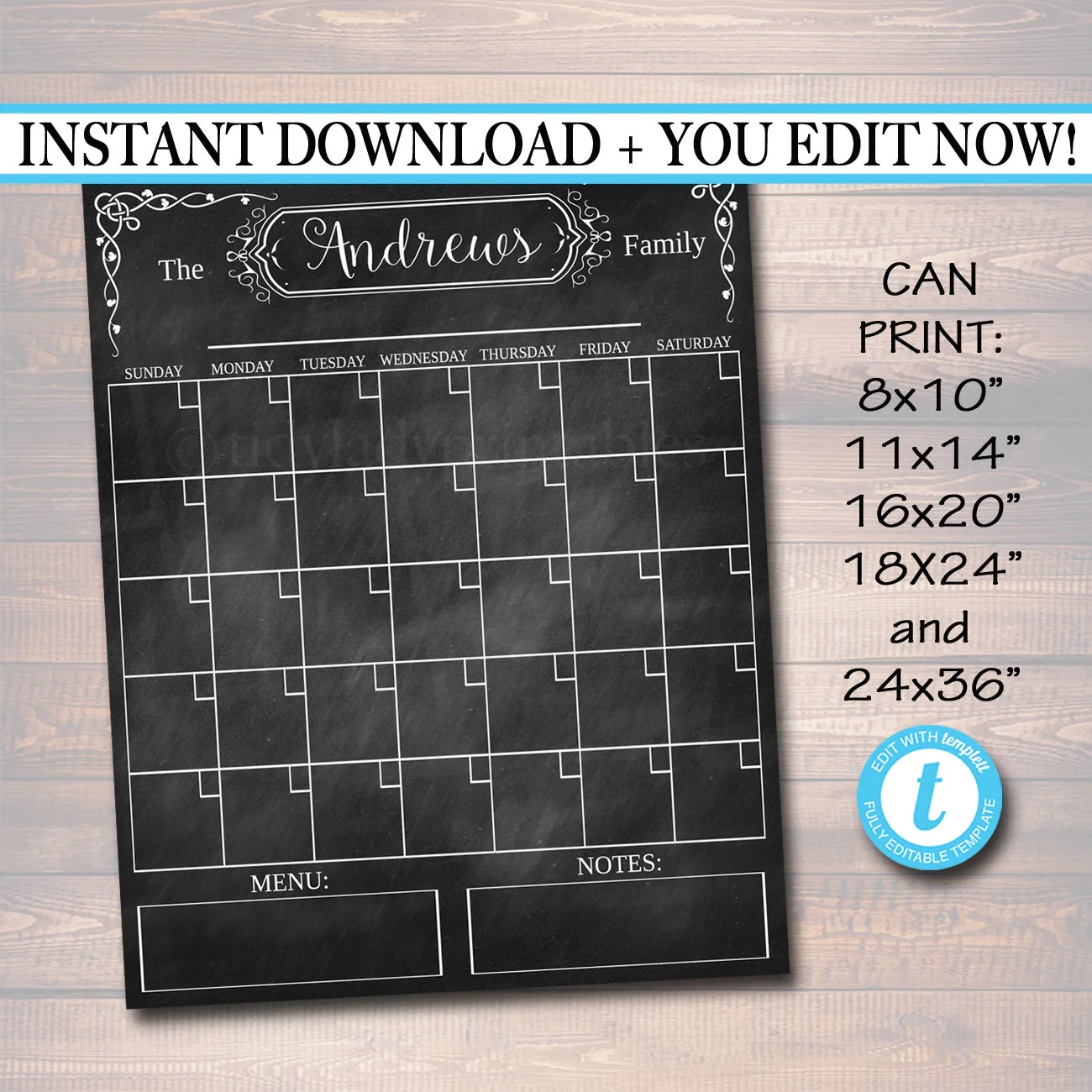 Printable Chalkboard Calendar