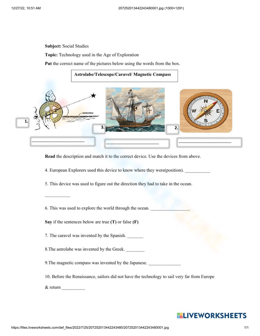 Printable Age Of Exploration Worksheet
