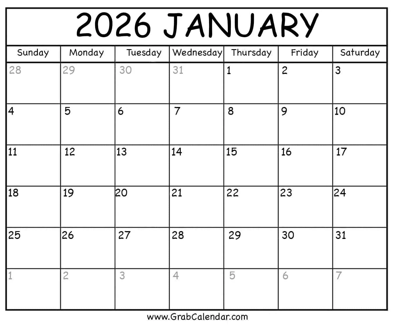 Printable January 2026 Calendar