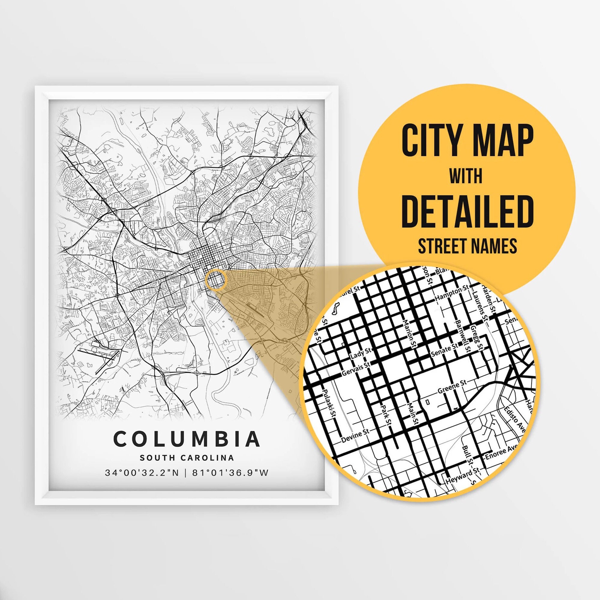 Printable Map Of Columbia South Carolina USA With Street Names Instant Download City Map Travel Gift City Poster Road Map Print Etsy