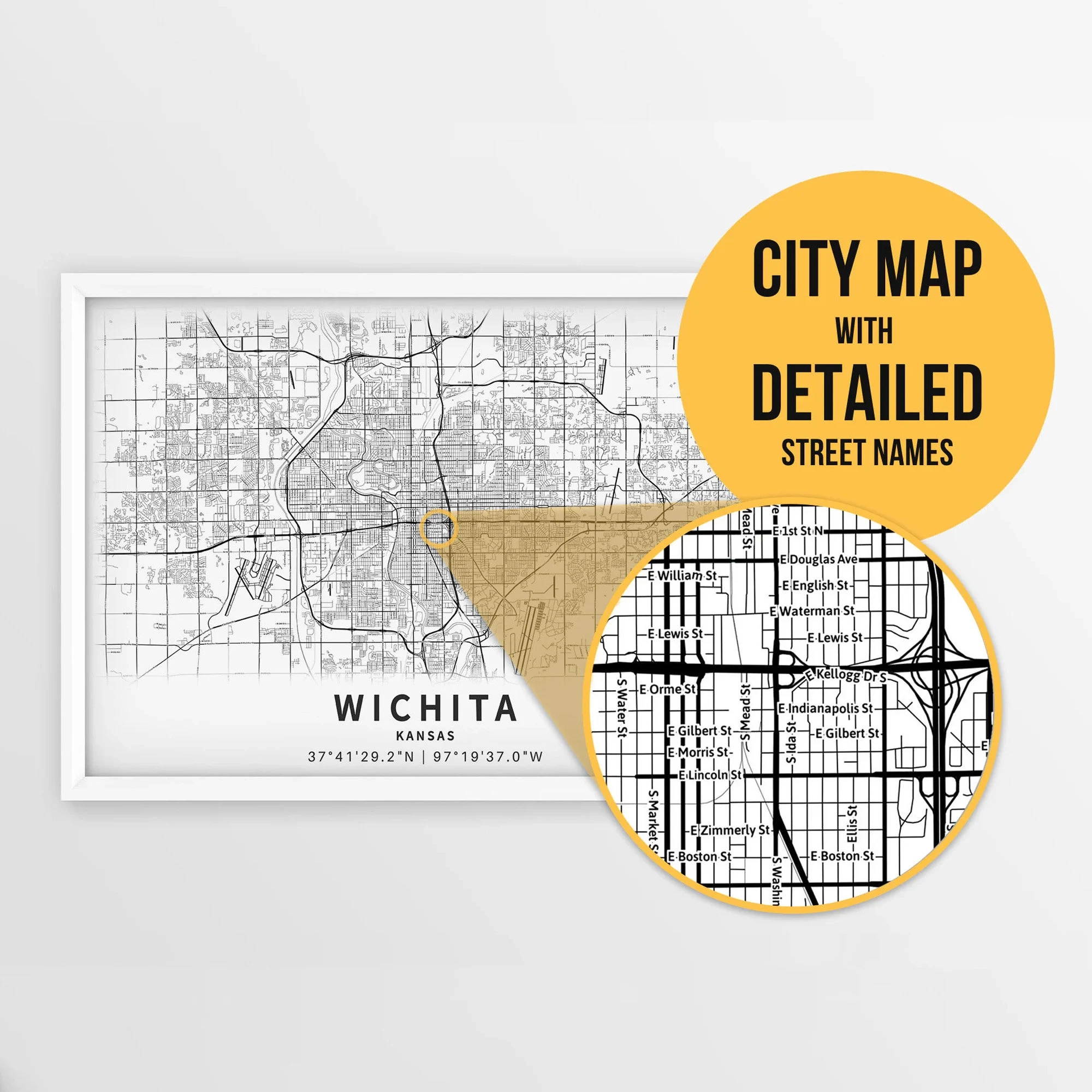 Printable Map Of Wichita Kansas USA With Street Names Instant Download City Map Travel Gift City Poster Road Map Print Map Art Etsy
