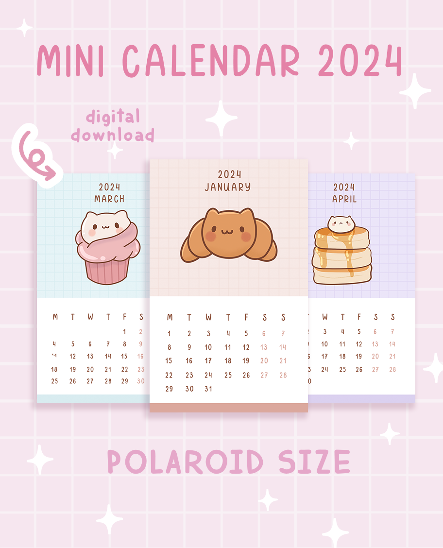 Printable Mini 2024 Calendar Digital Download Polaroid Size NomNom Kawaii Printable Mini 2024 Calendar Digital Download Polaroid Size NomNom Kawaii