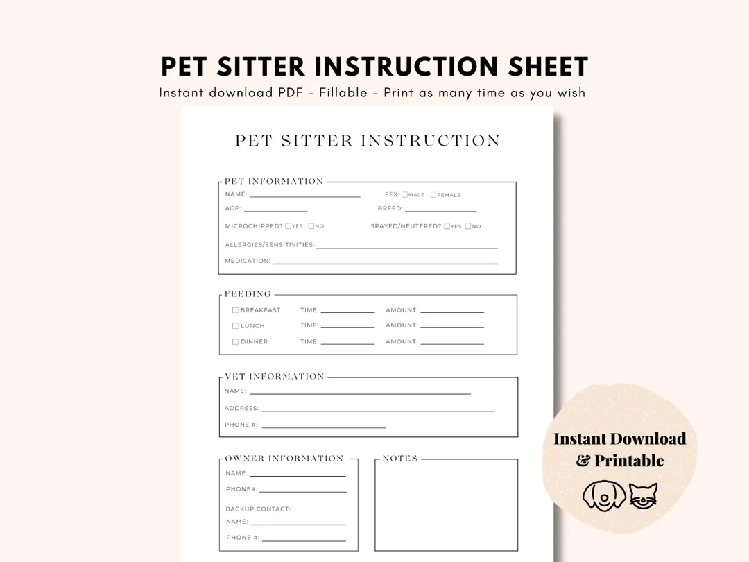 Printable Minimal Pet Information Sheet For Pet Sitter And Pet Boarding Fillable Pet Information Template Instant Download Etsy