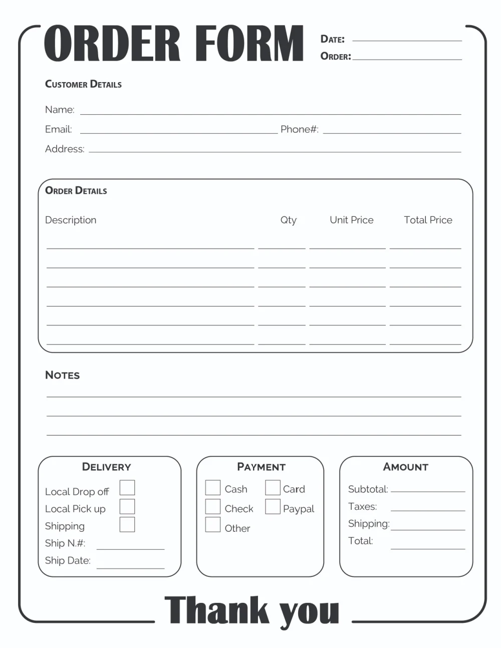 Printable Order Sheet Template