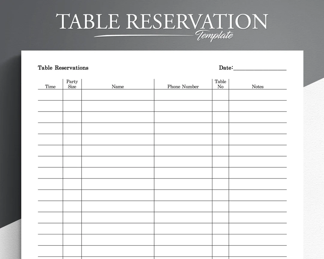 Printable Restaurant Reservation Sheet Template