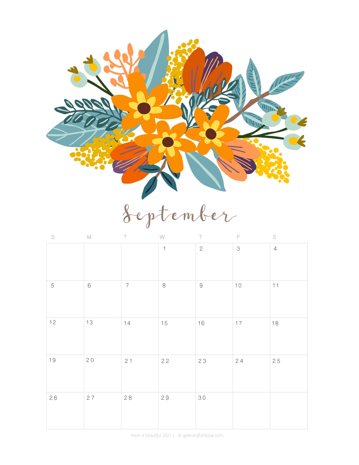 Printable September 2021 Calendar Monthly Planner 2 Designs Flowers Modern A Piece Of Rainbow