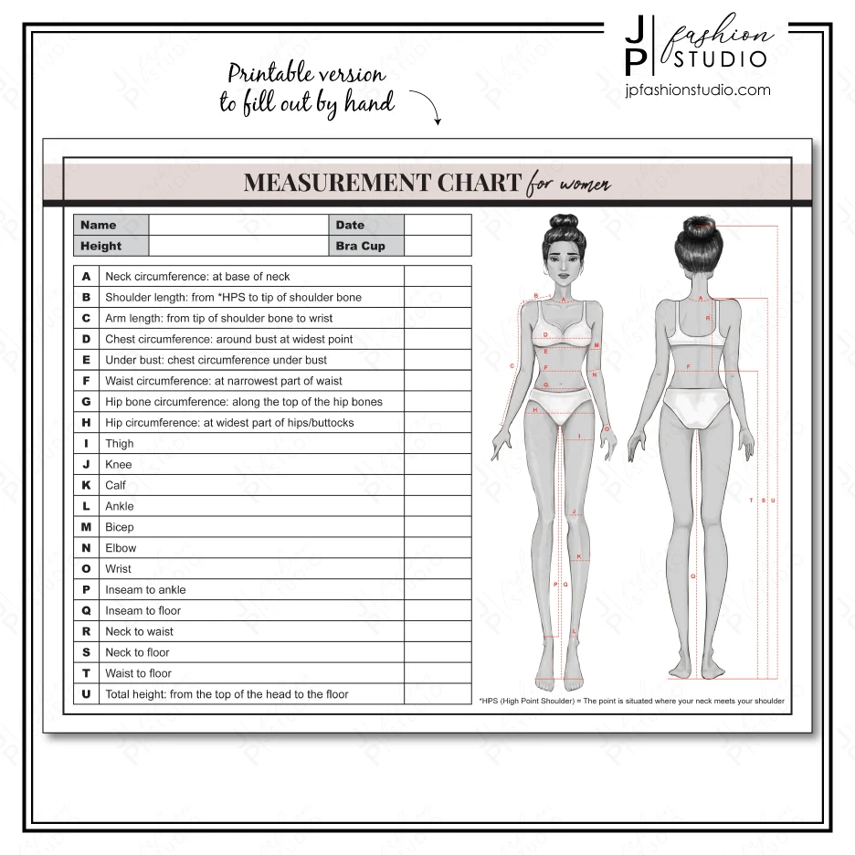 PRINTABLE Women s Body Measurement Sheet Fashion Designer Template JPFashionStudio