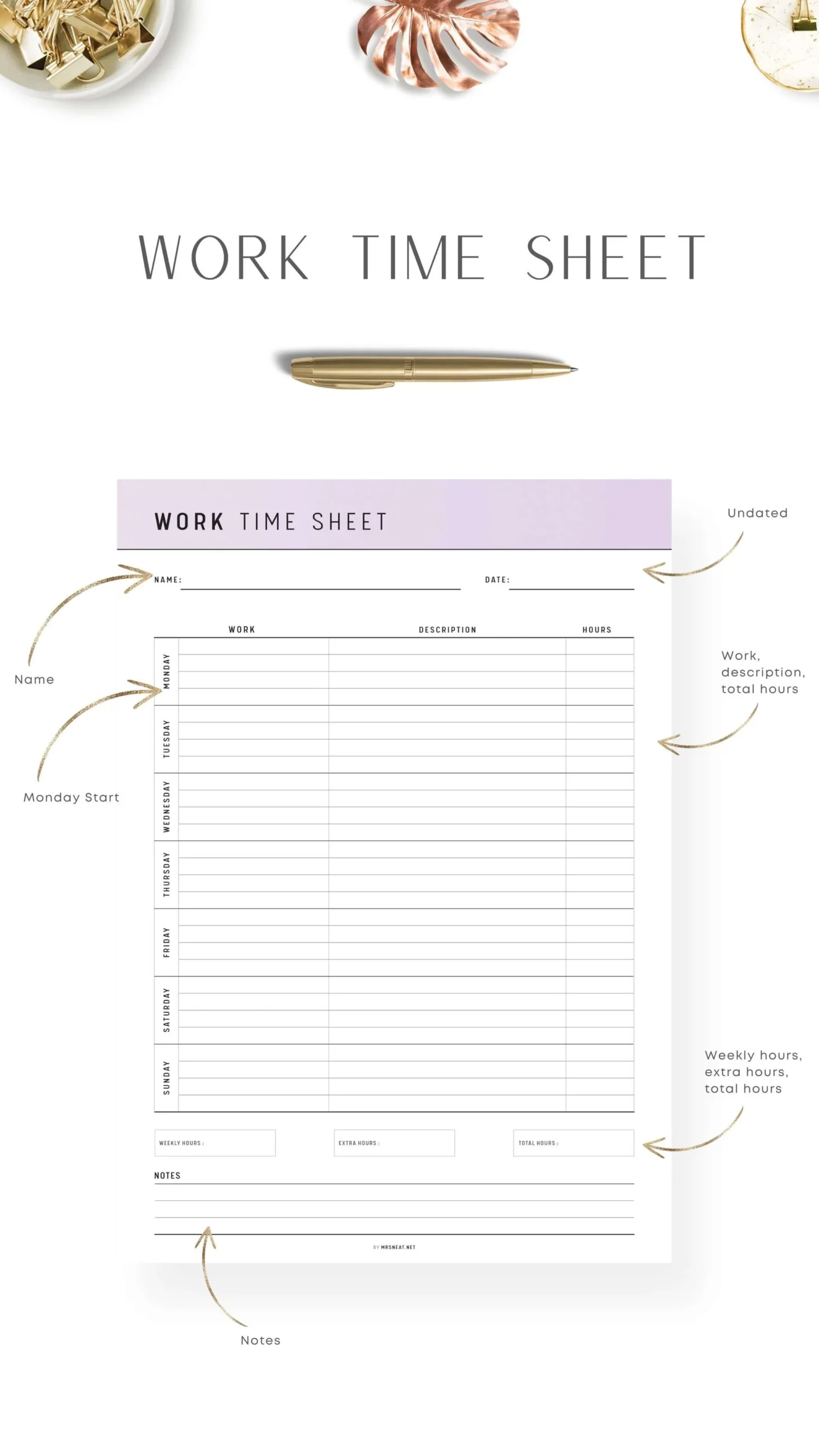Printable Work Time Sheet Template M321 Mrsneat