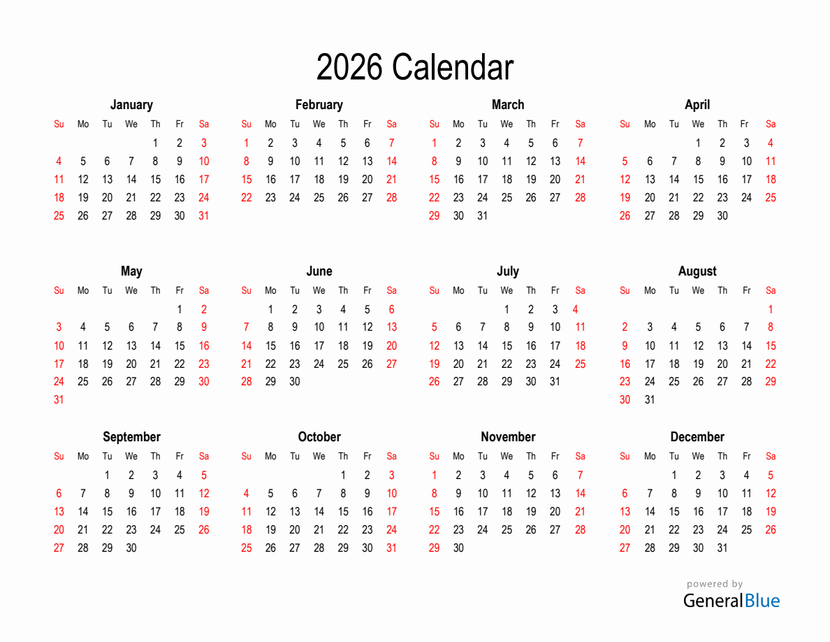 General Blue 2026 Calendar Printable