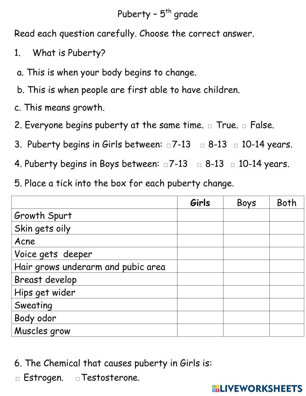 Puberty Free Interactive Worksheets 7225839