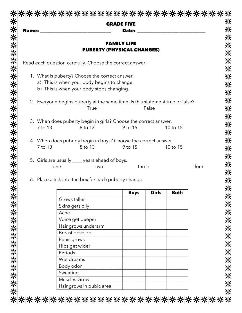 Printable Puberty Worksheets