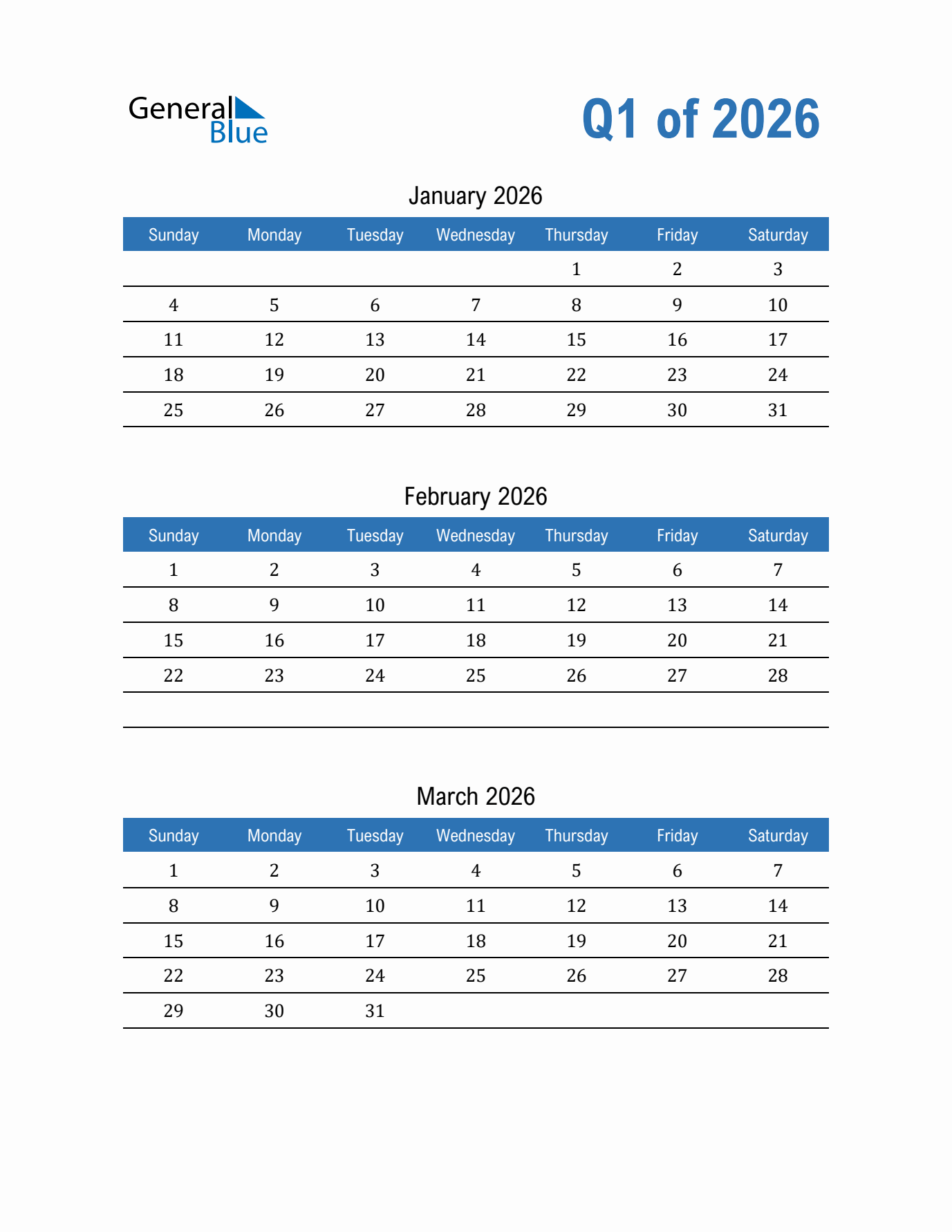 Q1 2026 Quarterly Calendar In PDF Word Excel