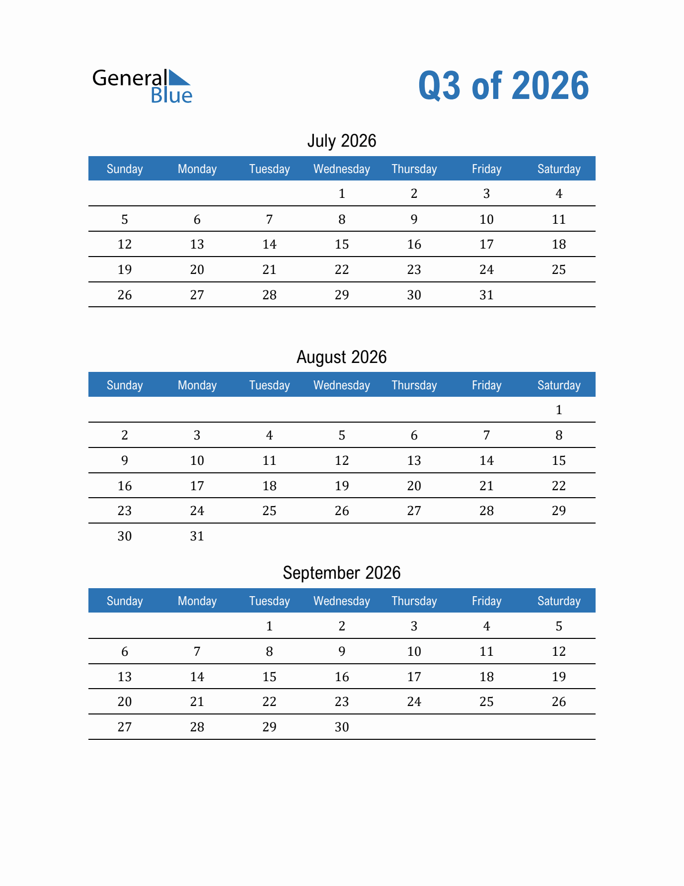 Q3 2026 Quarterly Calendar In PDF Word Excel