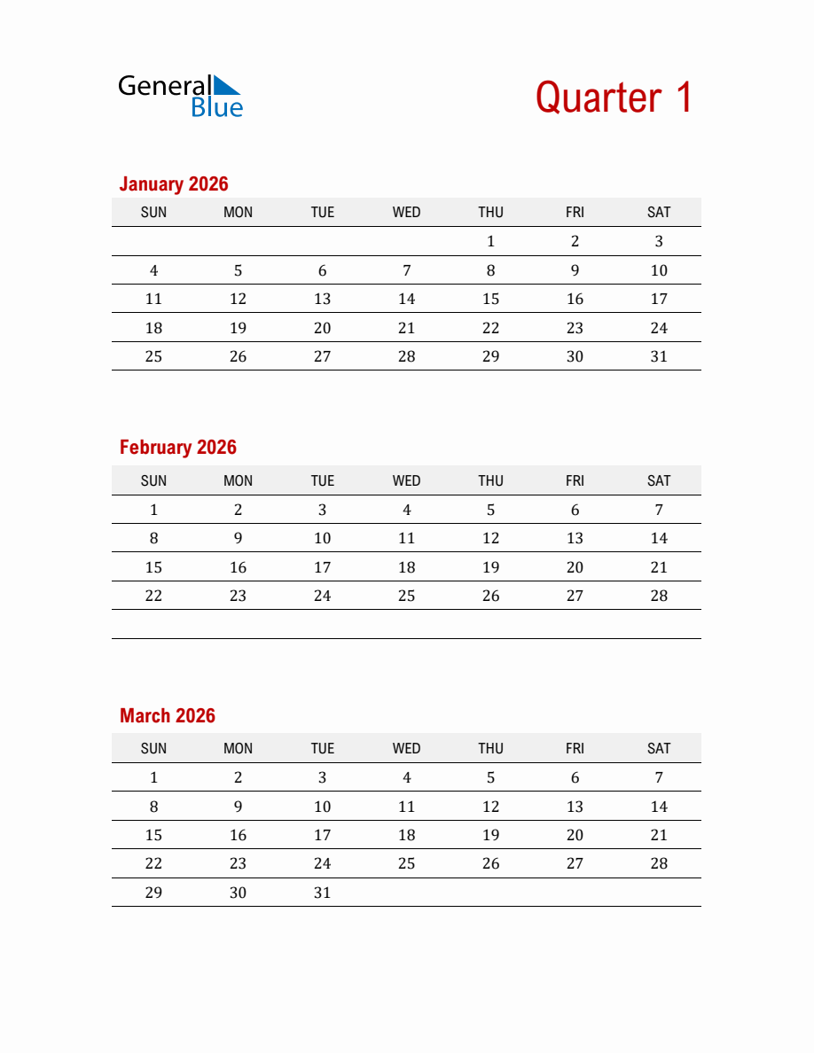 Quarter 1 2026 Calendar Printable PDF Word Excel 
