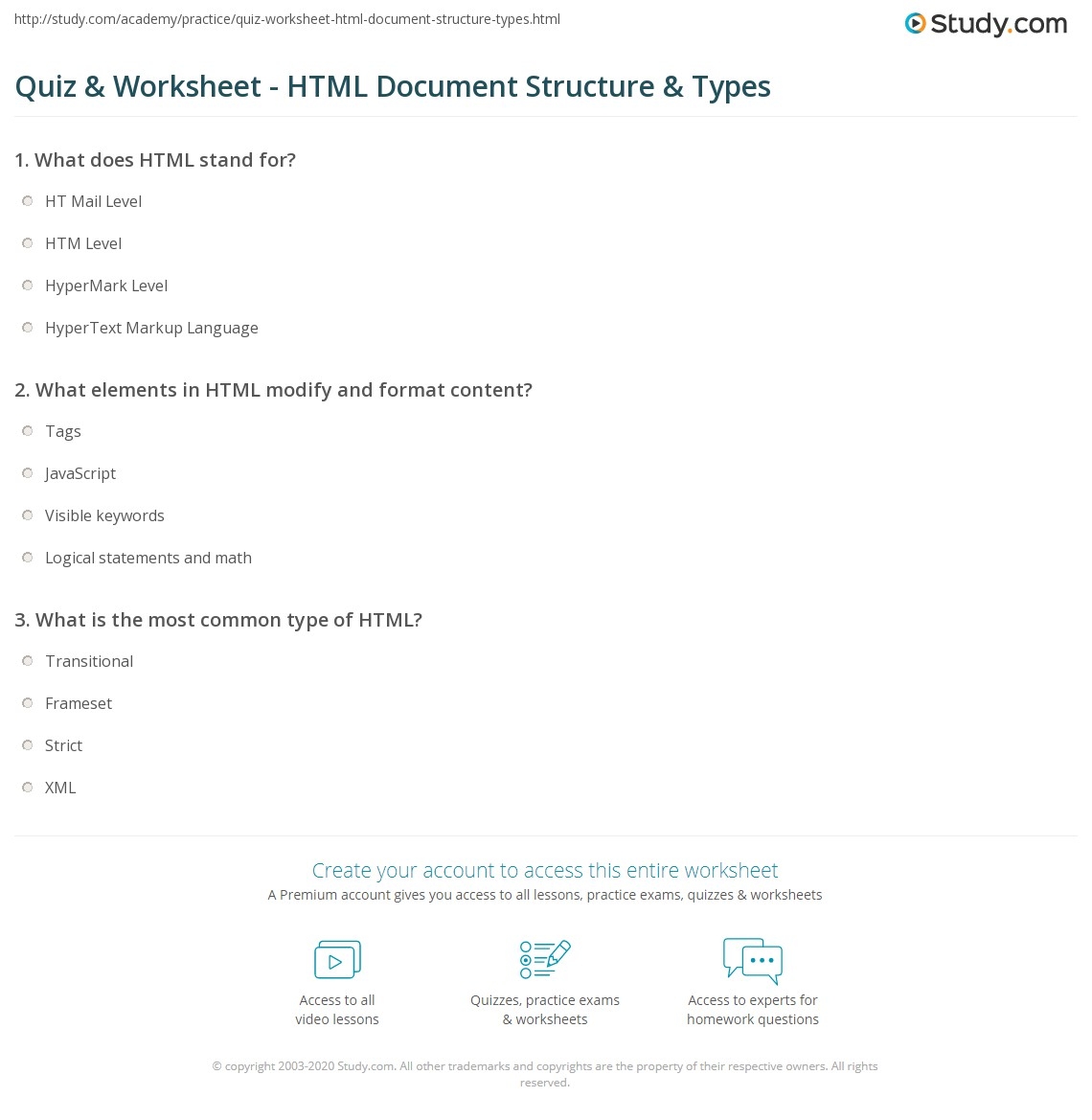 Quiz Worksheet HTML Document Structure Types Study