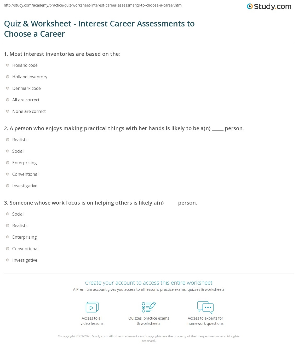 Quiz Worksheet Interest Career Assessments To Choose A Career Study