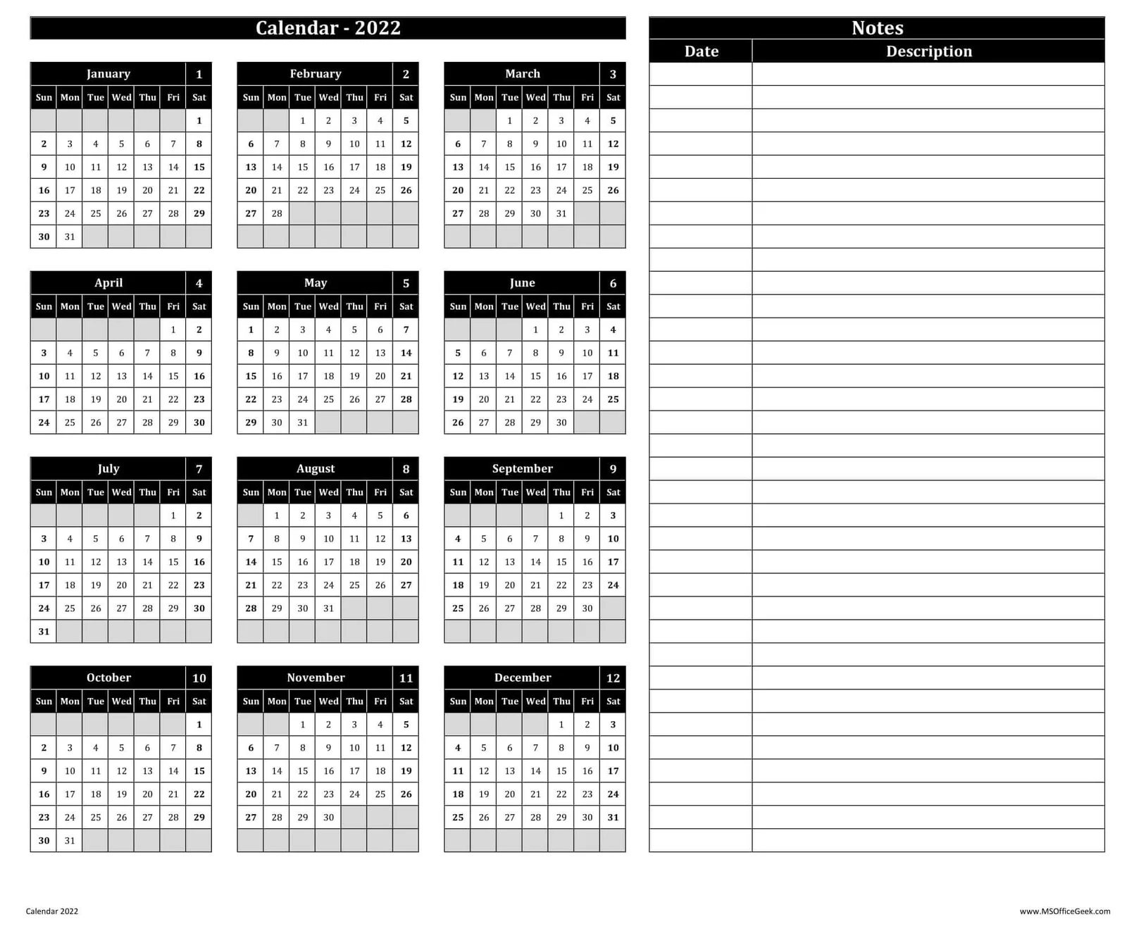 Ready To Use Printable Calendar 2022 With Notes MSOfficeGeek