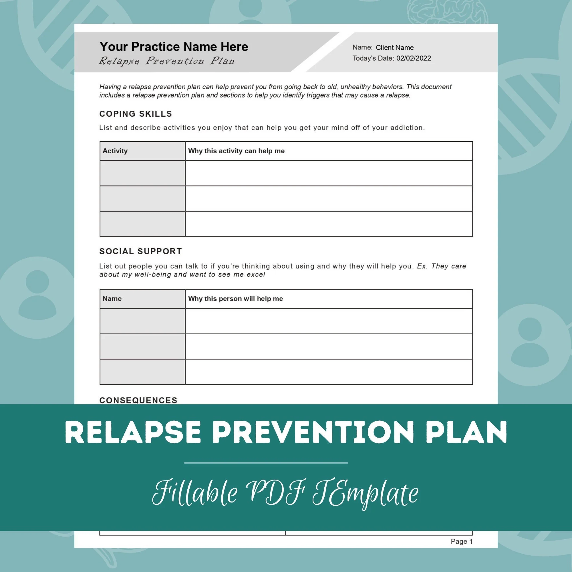 Relapse Prevention Plan Worksheet Editable Fillable PDF For Counselors Psychologists Psychiatrists Social Workers Therapists Etsy