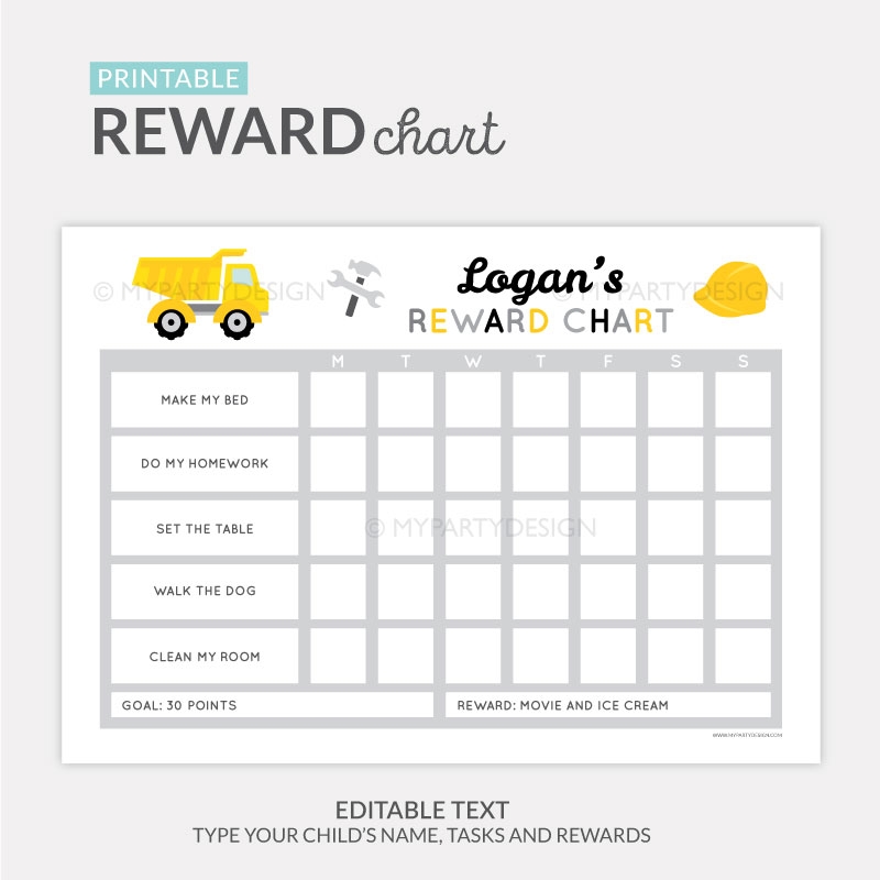 Reward Chart Printable For Boys Construction Truck My Party Design