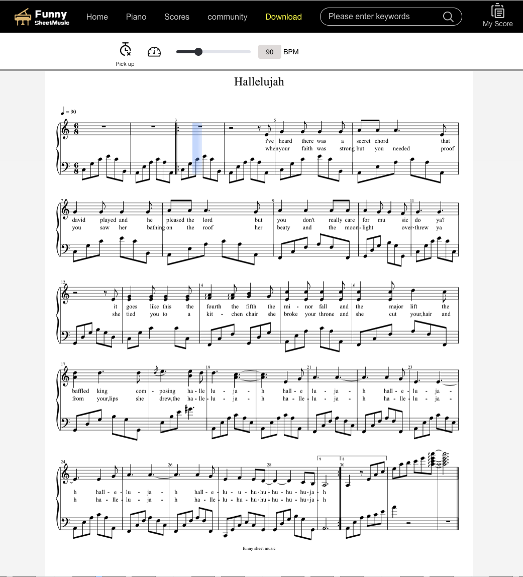 S Hit Song Piano Sheet Free PDF Download Hallelujah Leonard Cohen FunnySheetMusic R sheetmusic