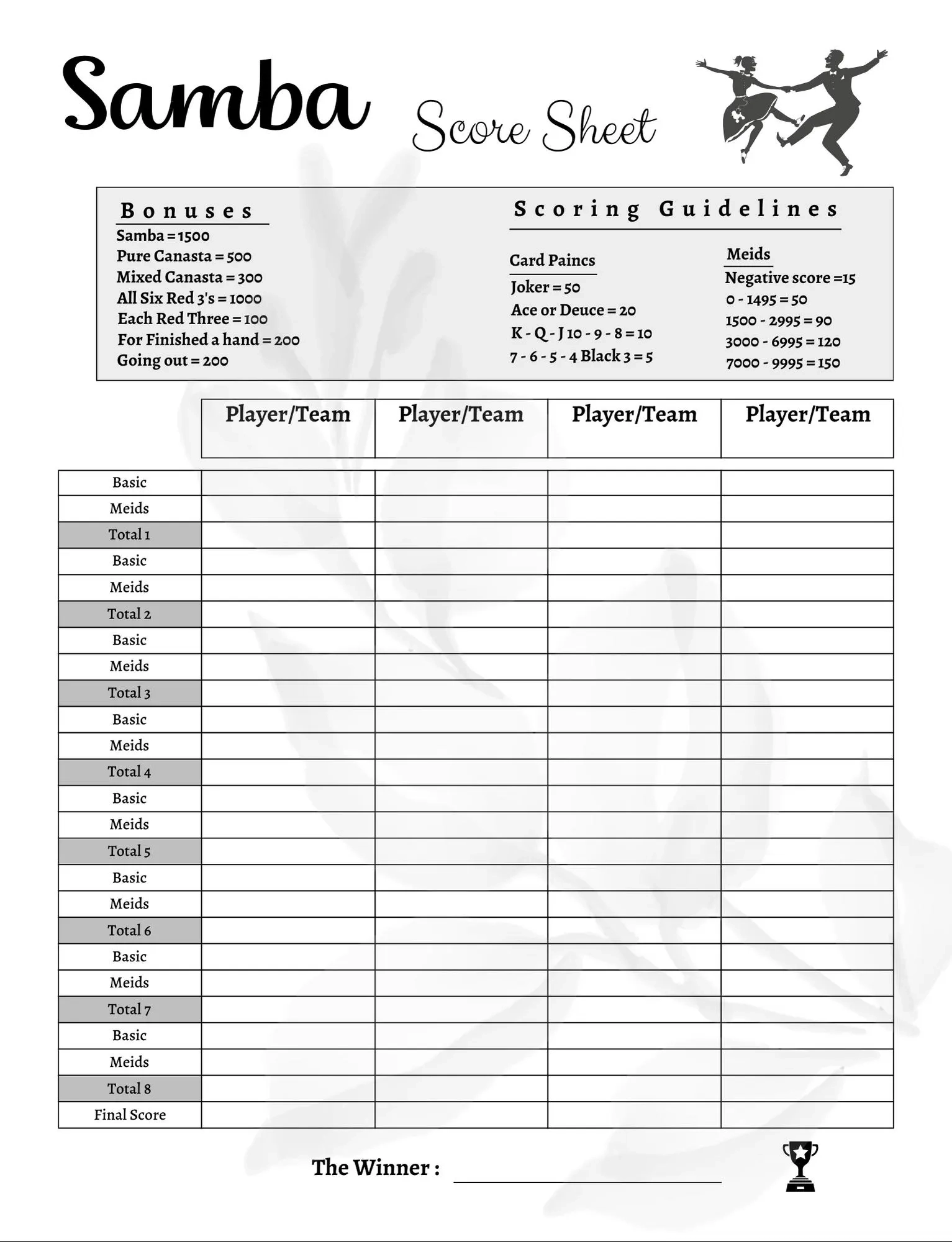 Samba Score Sheet Canasta Card Game Printable PDF Game Scorecard Digital Download Etsy Finland