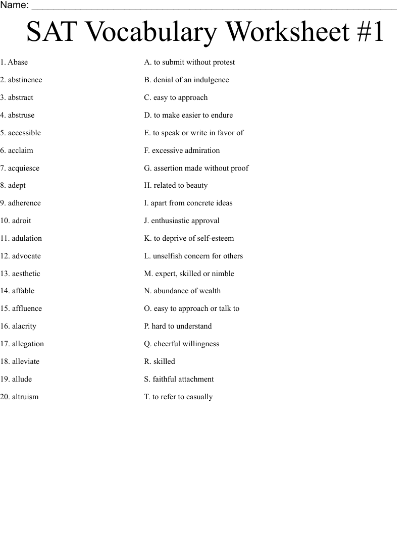 Printable Sat Vocabulary Practice Worksheets Pdf