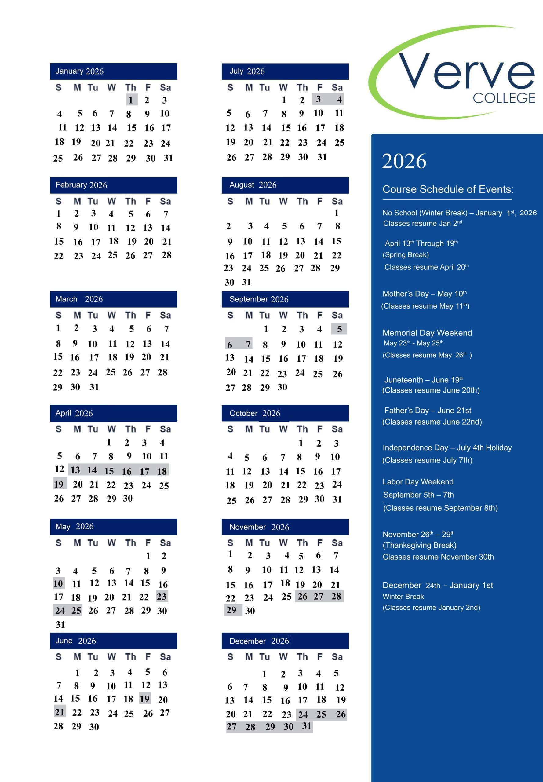 School Calendar Verve College Practical Nurse School