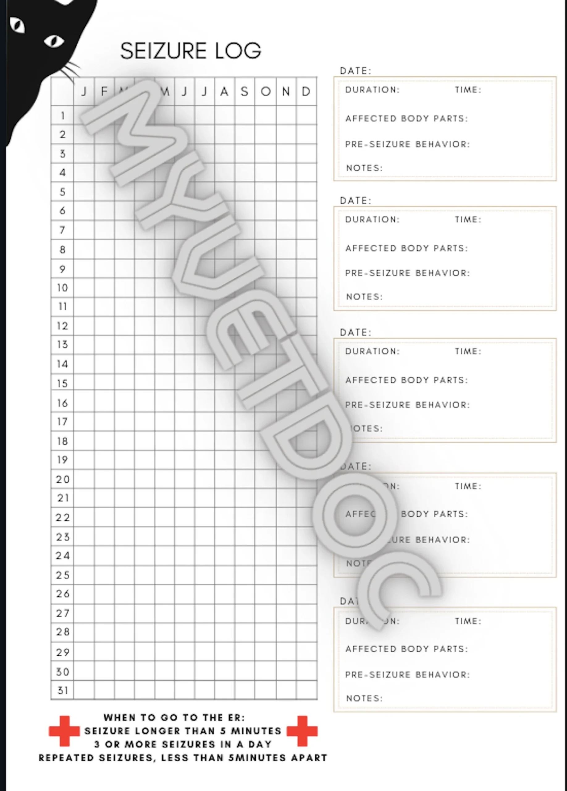 Printable Seizure Calendar Printable Seizure Calendar