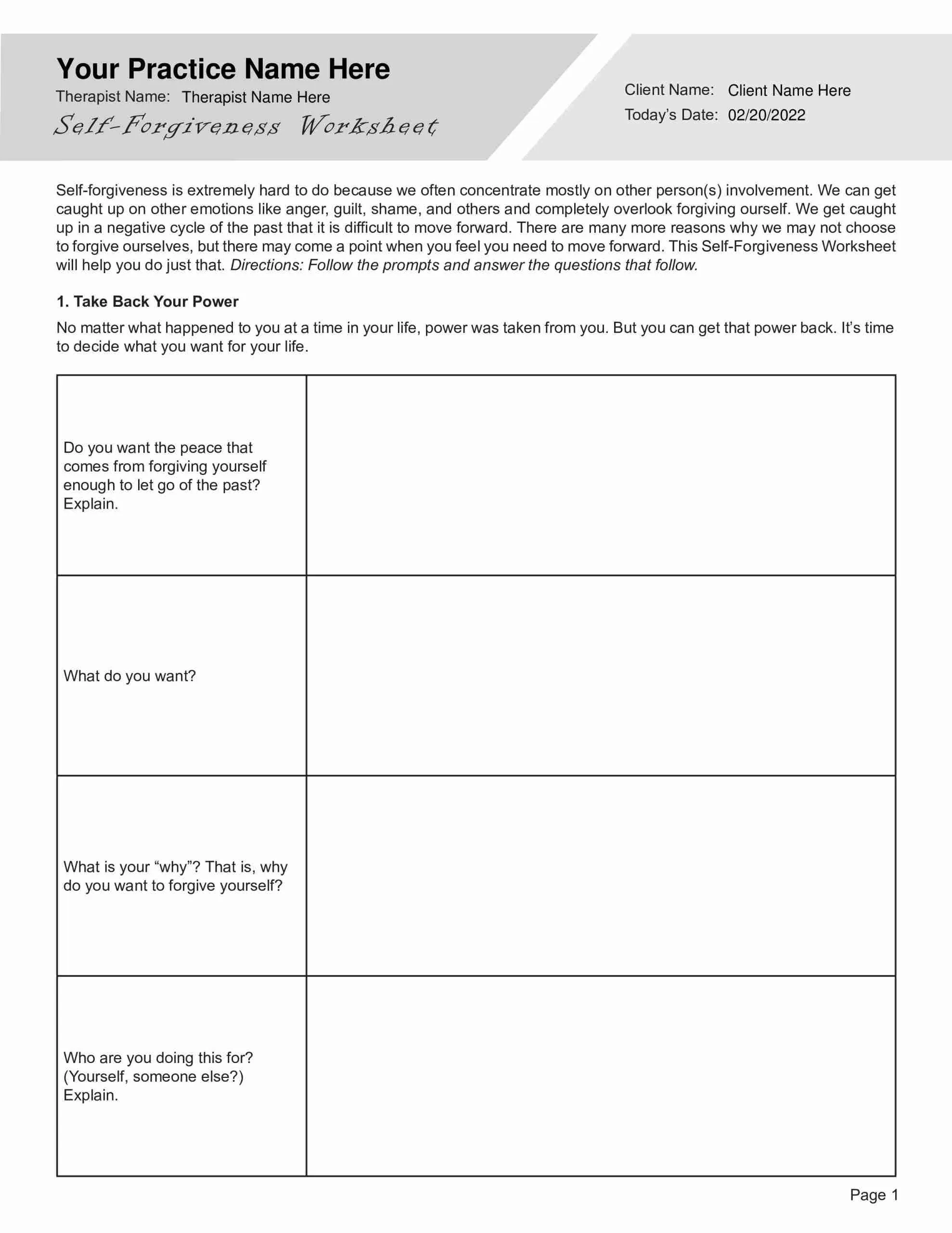 Free Printable Self Forgiveness Worksheet Pdf